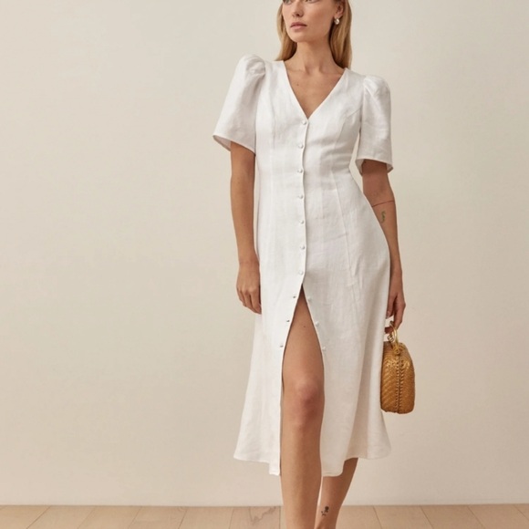 Reformation Newbury Linen Midi Dress in White size 2 $218